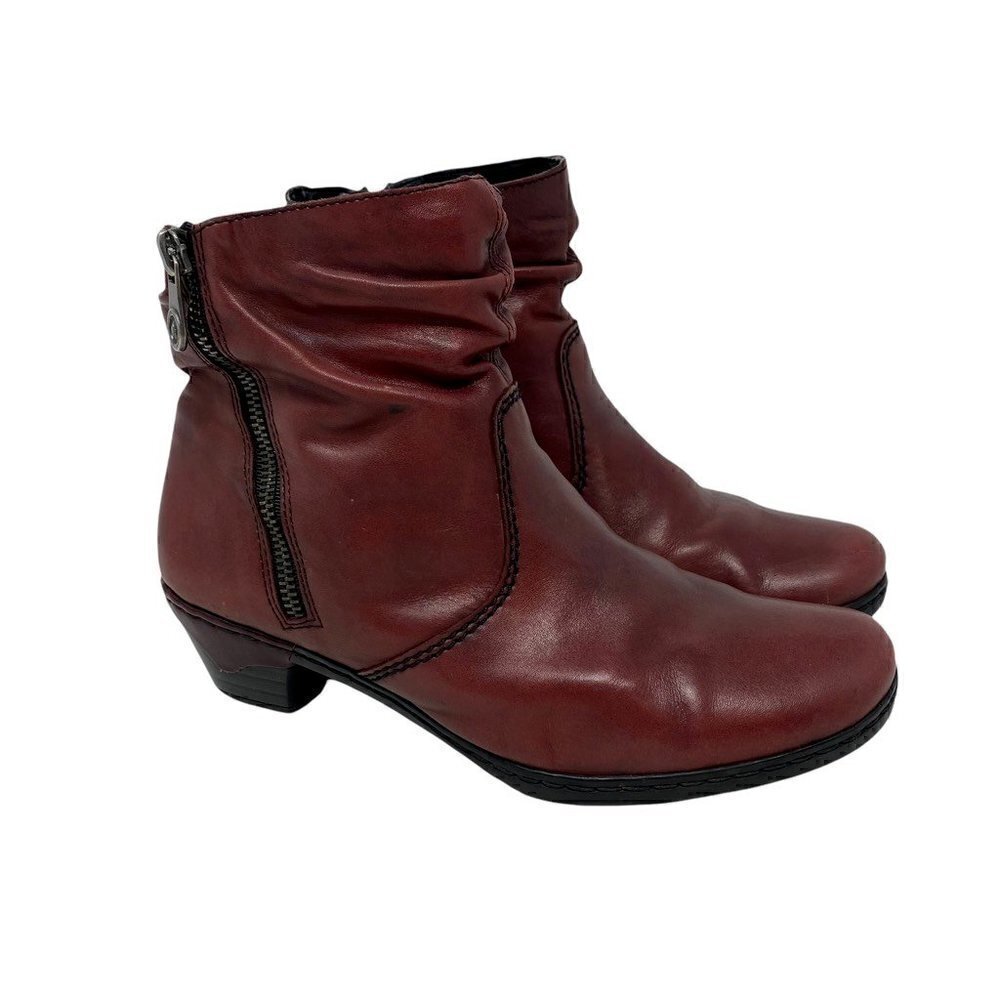 Rieker Womens Ankle Boots Booties Red Leather Cuban Heel Round Toe Zipper 6.5 37
